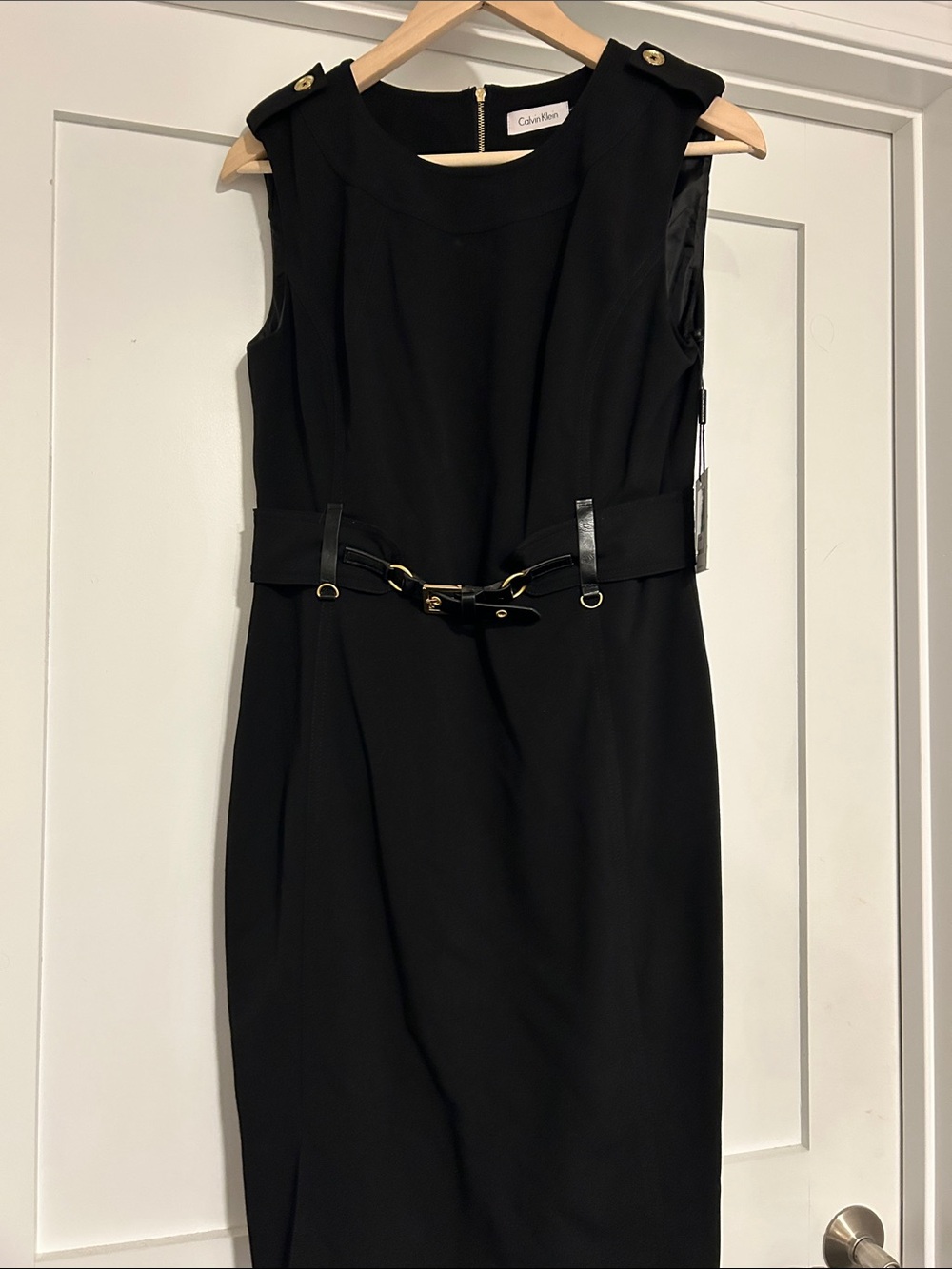 Calvin Klein Black Sleeveless Belted Sheath Dress with Gold Accents